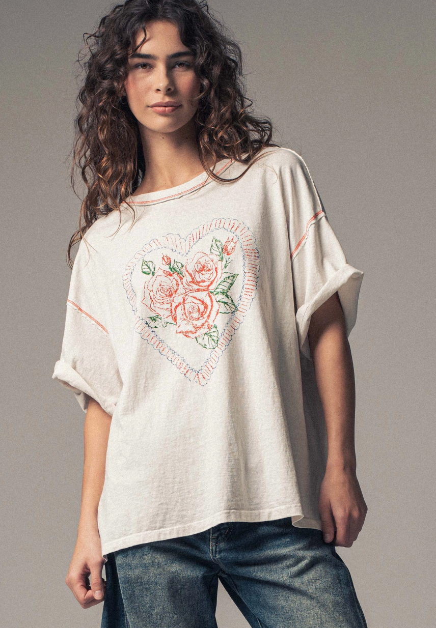 Vintage Rose Heart Floral Oversized Graphic Tee