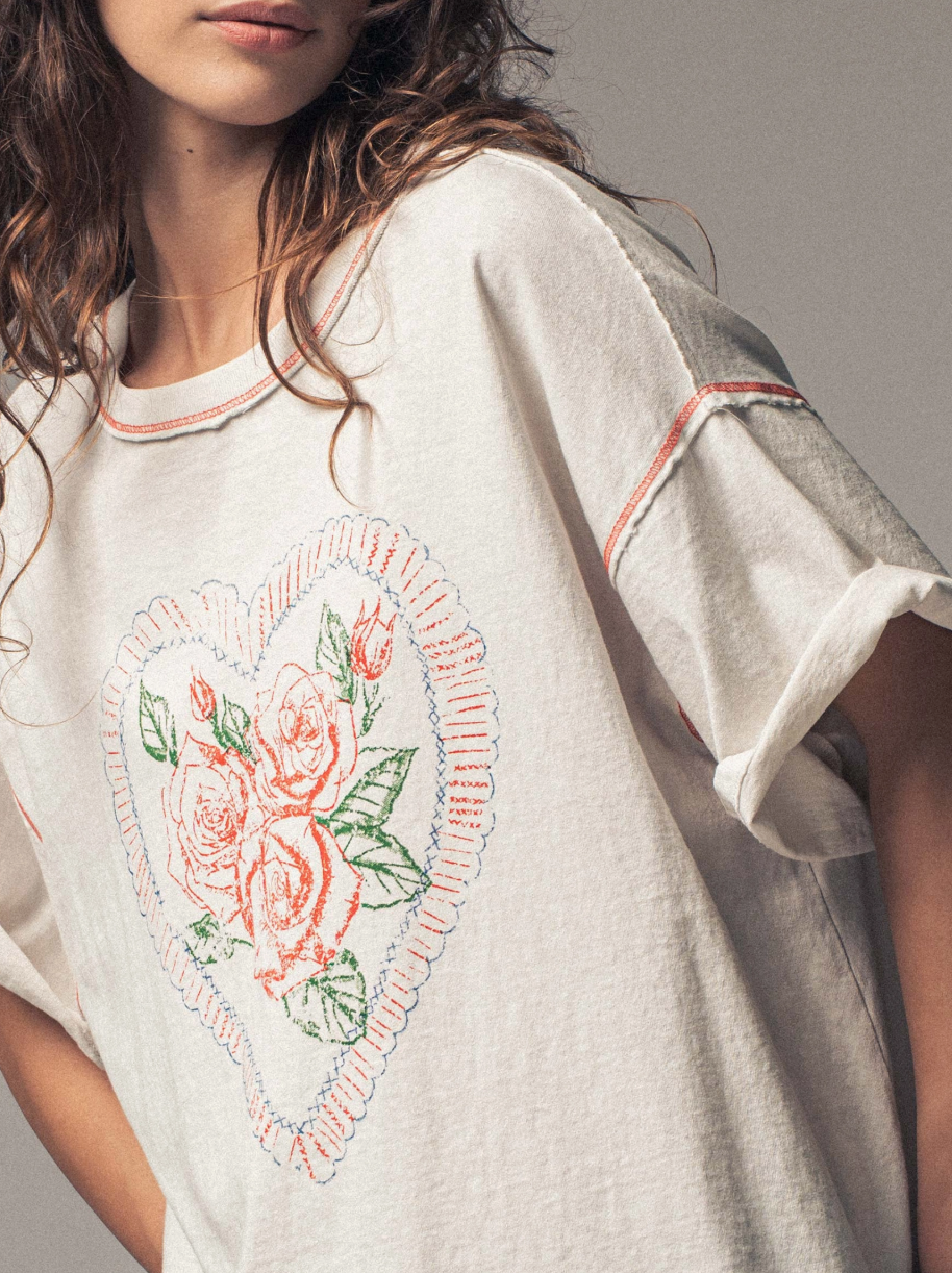 Vintage Rose Heart Floral Oversized Graphic Tee