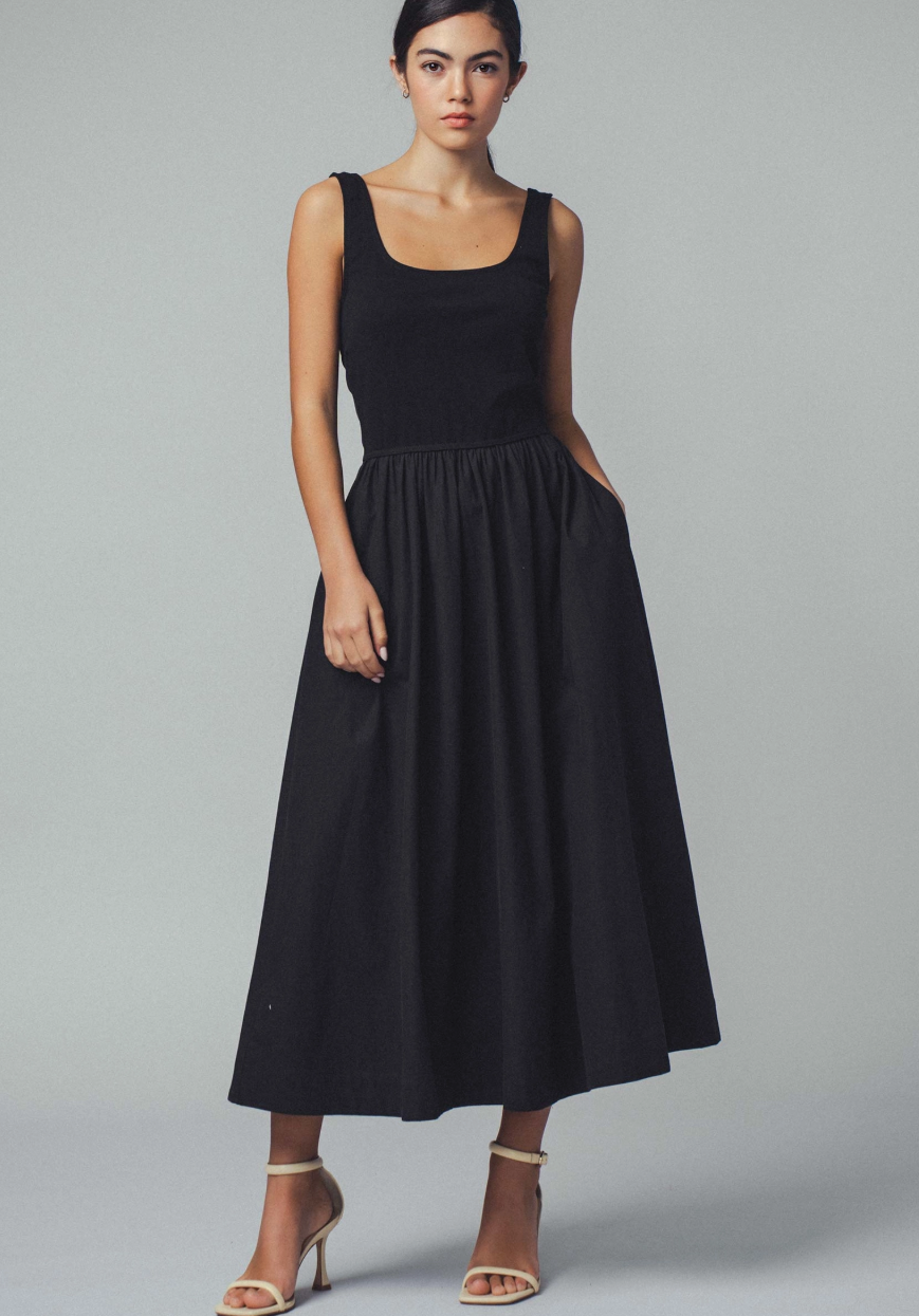 Elegant Square Neck Cotton Blend Gathered Waist Midi Dress - 3 color options