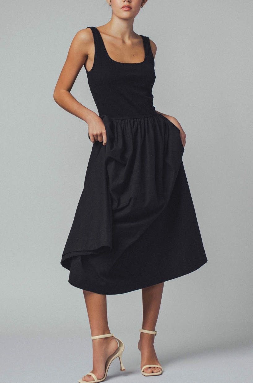 Elegant Square Neck Cotton Blend Gathered Waist Midi Dress - 3 color options