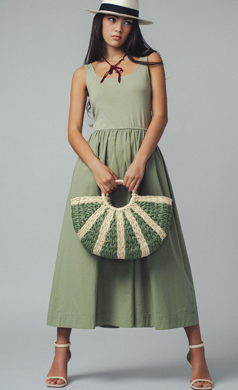 Elegant Square Neck Cotton Blend Gathered Waist Midi Dress - 3 color options