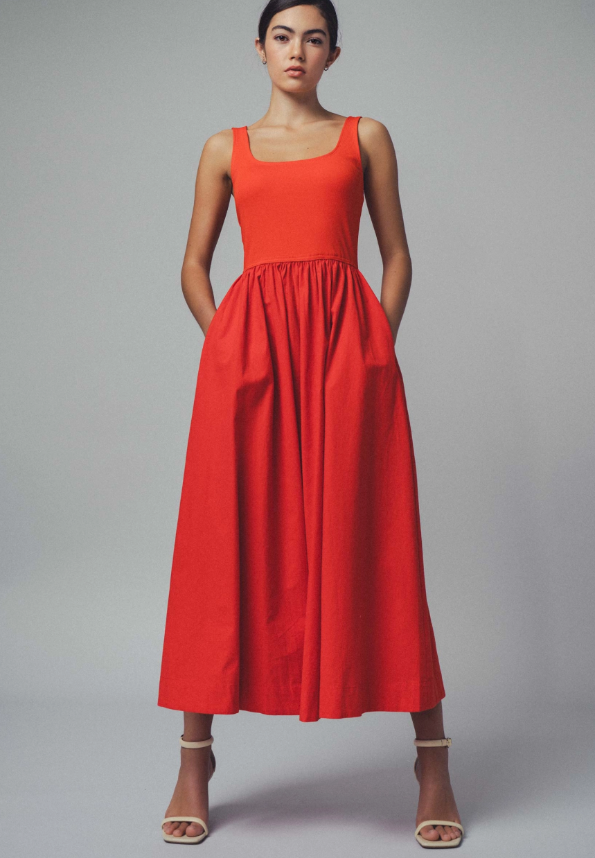 Elegant Square Neck Cotton Blend Gathered Waist Midi Dress - 3 color options