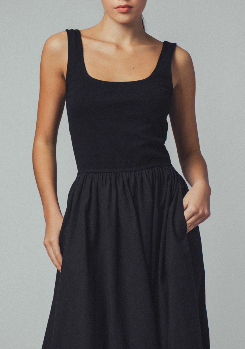 Elegant Square Neck Cotton Blend Gathered Waist Midi Dress - 3 color options