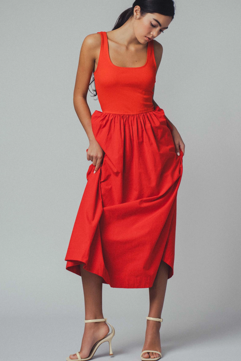 Elegant Square Neck Cotton Blend Gathered Waist Midi Dress - 3 color options