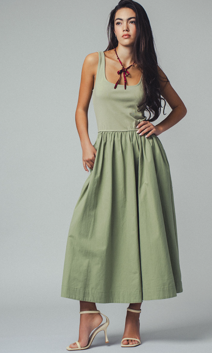 Elegant Square Neck Cotton Blend Gathered Waist Midi Dress - 3 color options