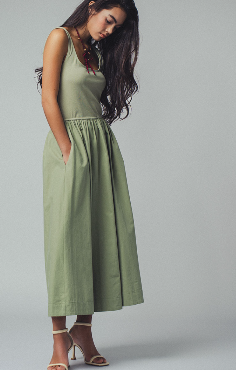 Elegant Square Neck Cotton Blend Gathered Waist Midi Dress - 3 color options