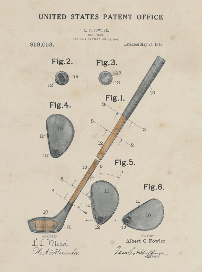 Watercolor Golf Club Patent in Antiqued Gold Frame