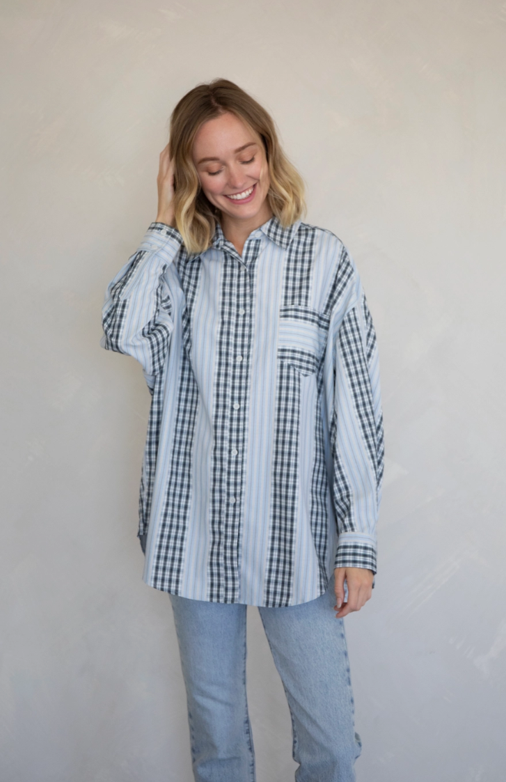 Sky and Black Plaid Button Down Top