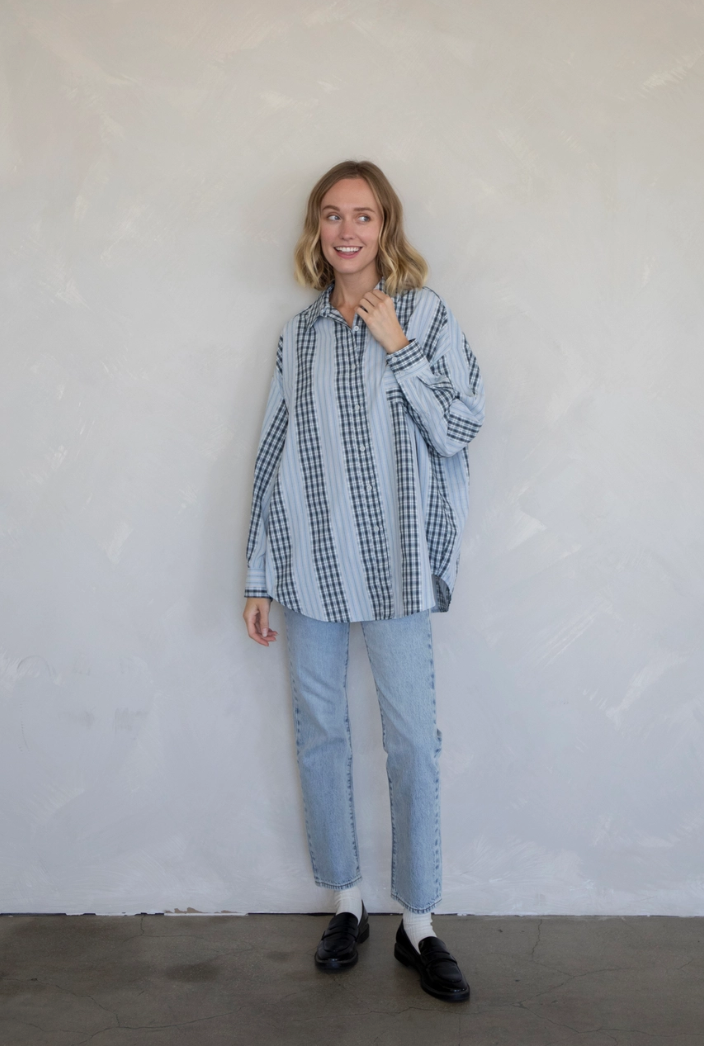 Sky and Black Plaid Button Down Top