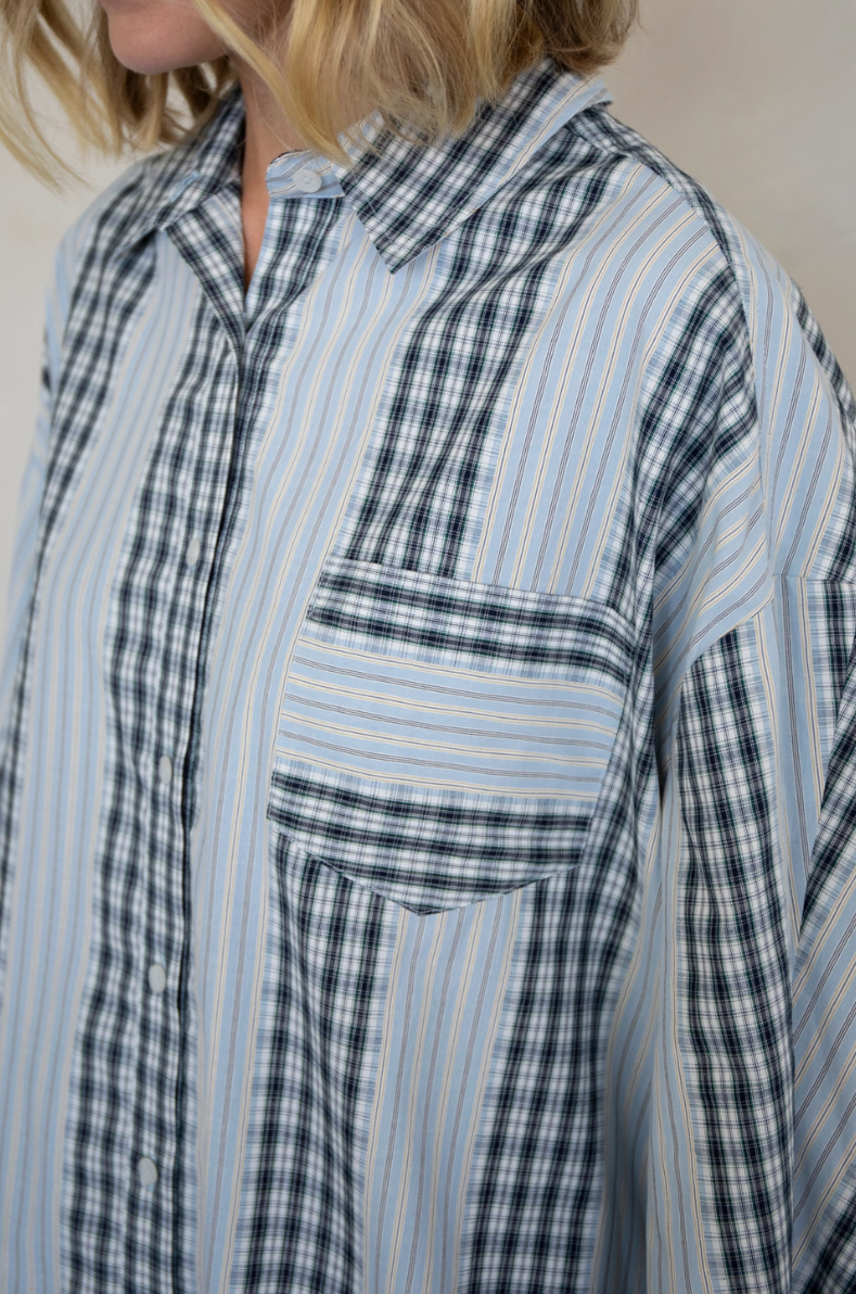 Sky and Black Plaid Button Down Top