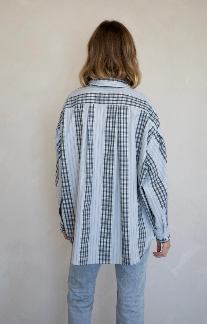 Sky and Black Plaid Button Down Top