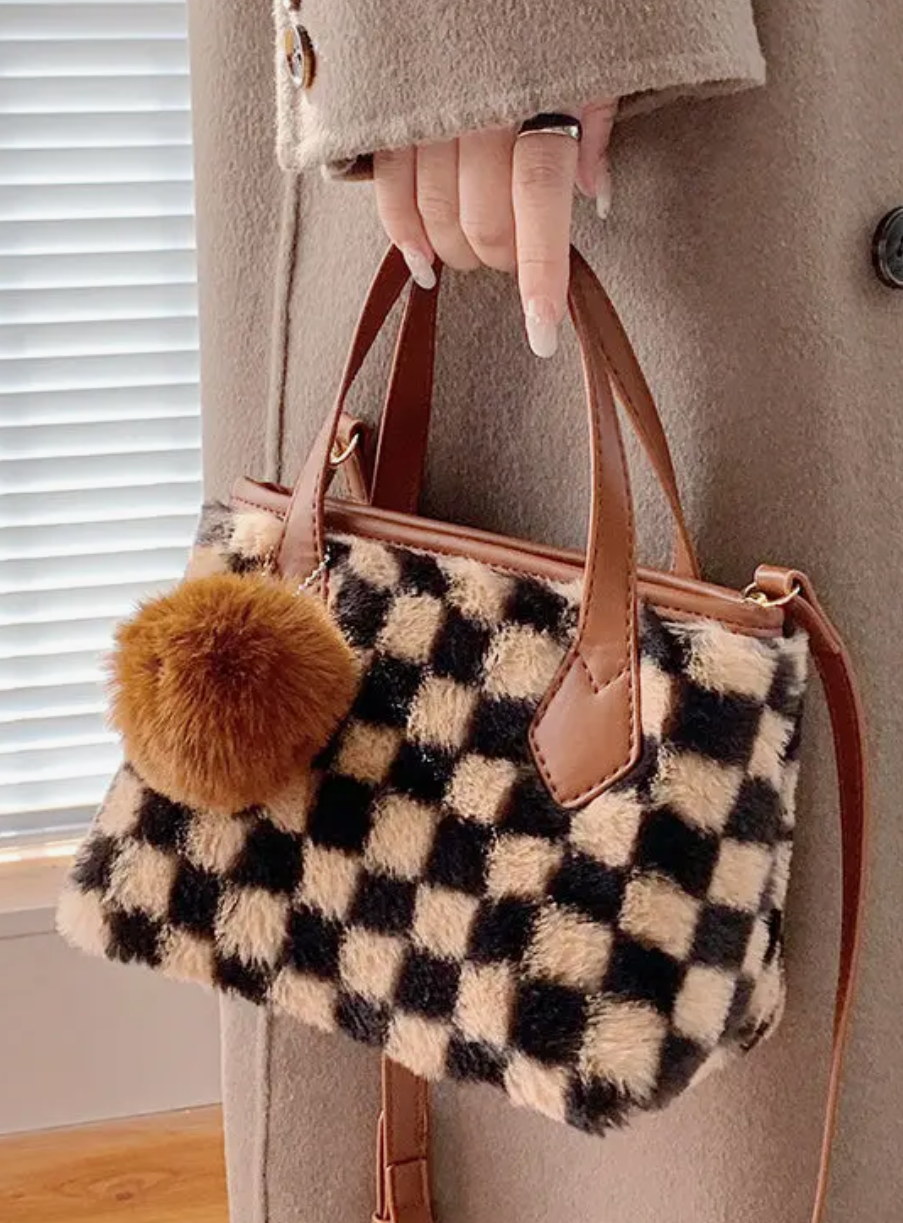 Vegan Faux Fur Checkered Pom Bag