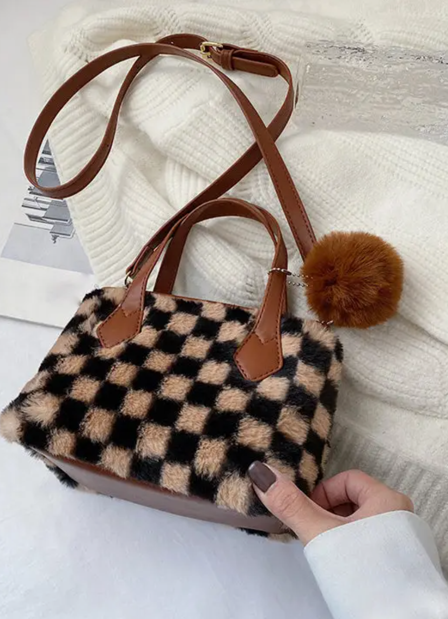 Vegan Faux Fur Checkered Pom Bag