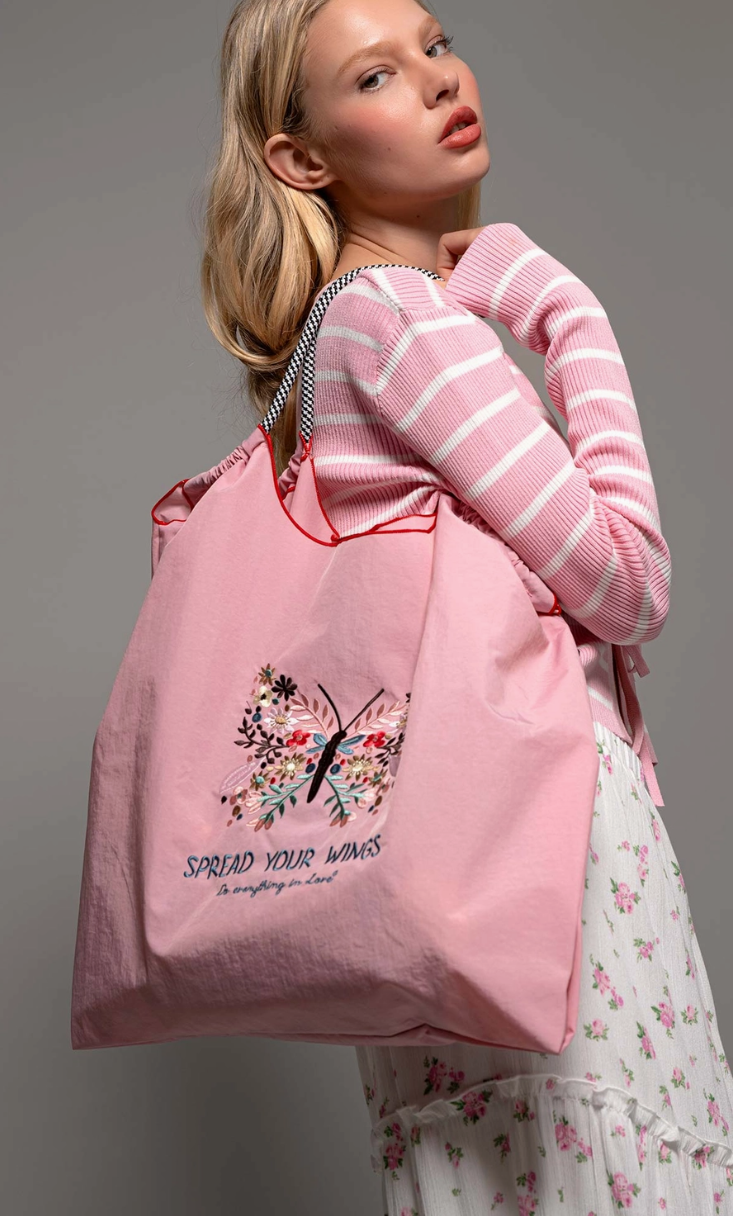 Butterfly Floral Embroidered Oversized Tote Bag
