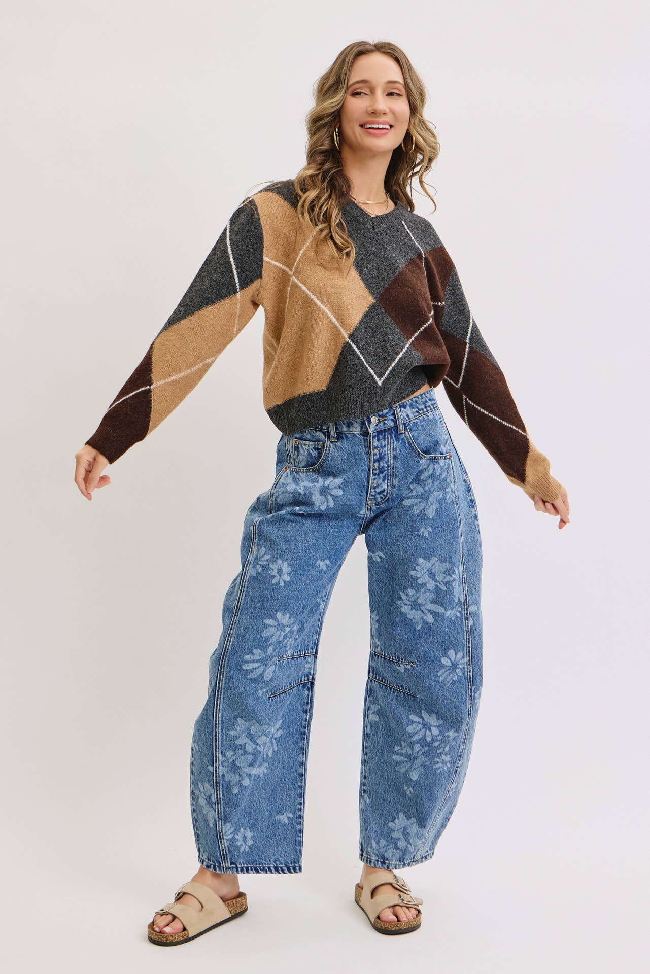 Floral Print Denim Barrell Jeans
