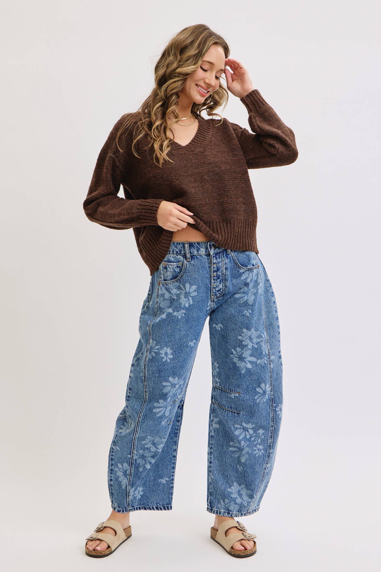 Floral Print Denim Barrell Jeans