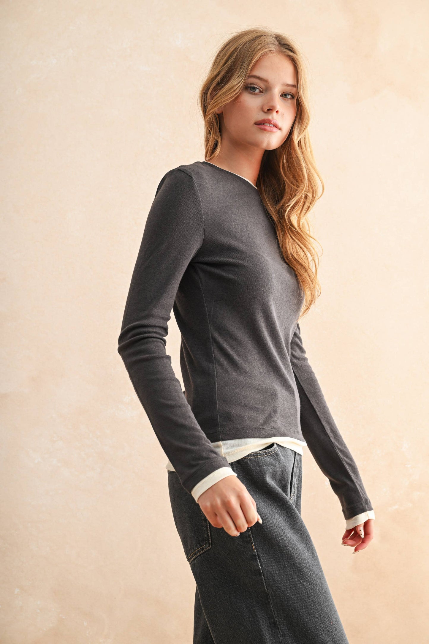 Light Weight Layered-Look Long Sleeve Tee - 2 color options