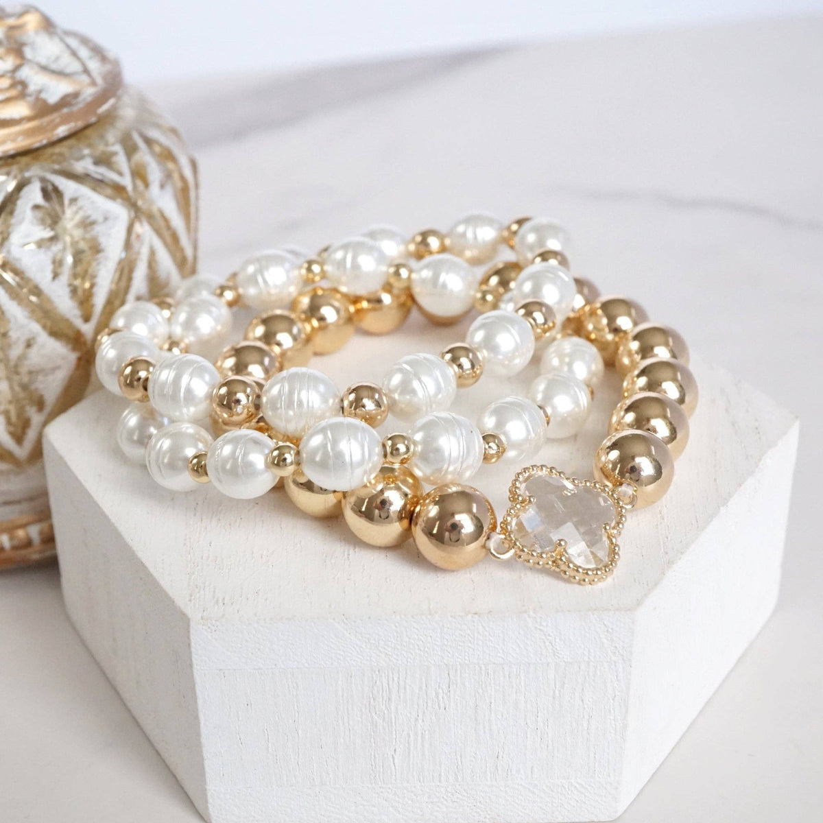Beads & Clover Charm Statement Bracelet Stack