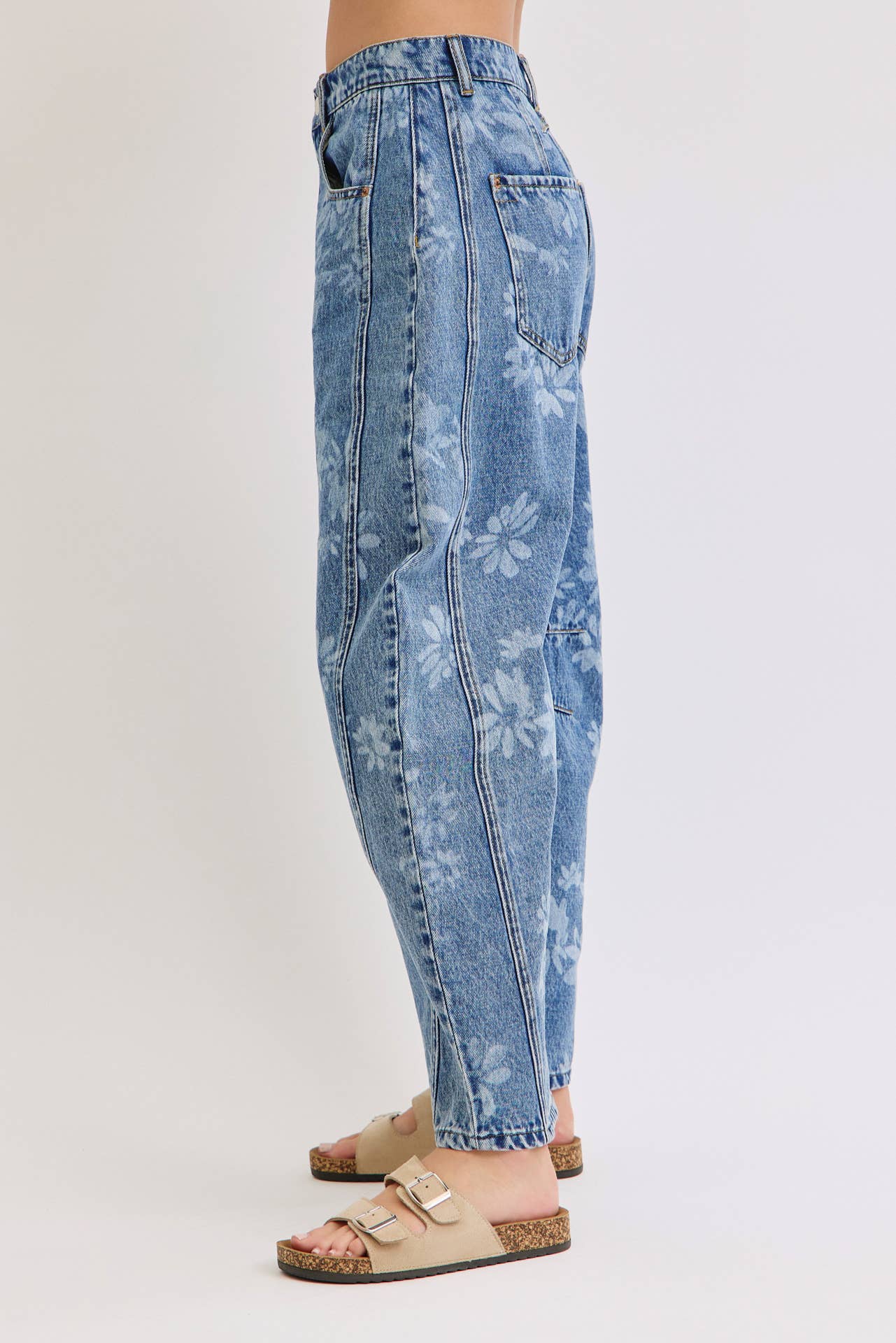 Floral Print Denim Barrell Jeans
