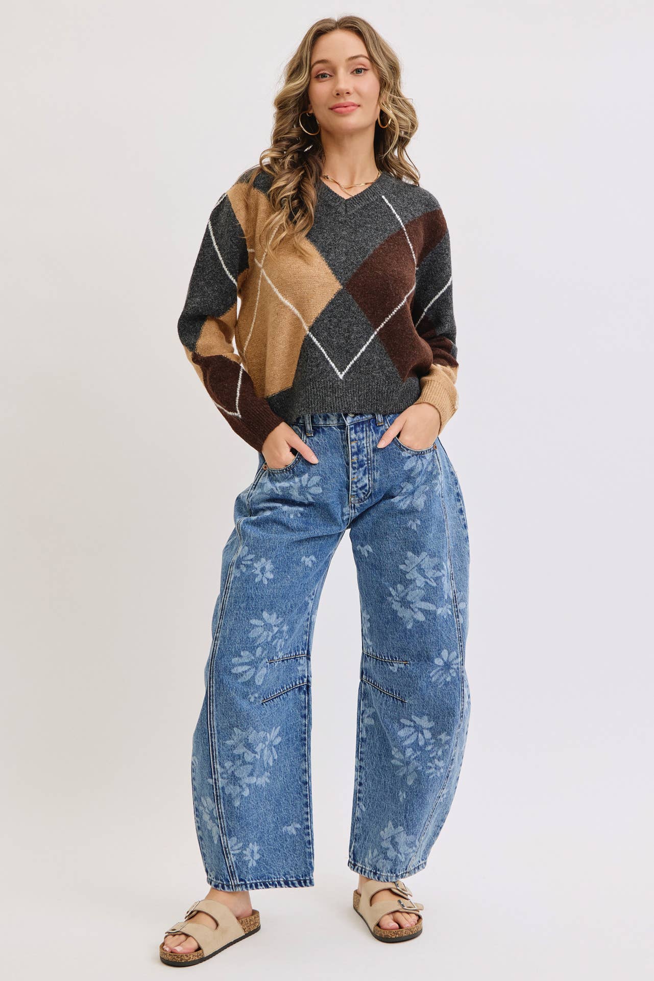 Floral Print Denim Barrell Jeans
