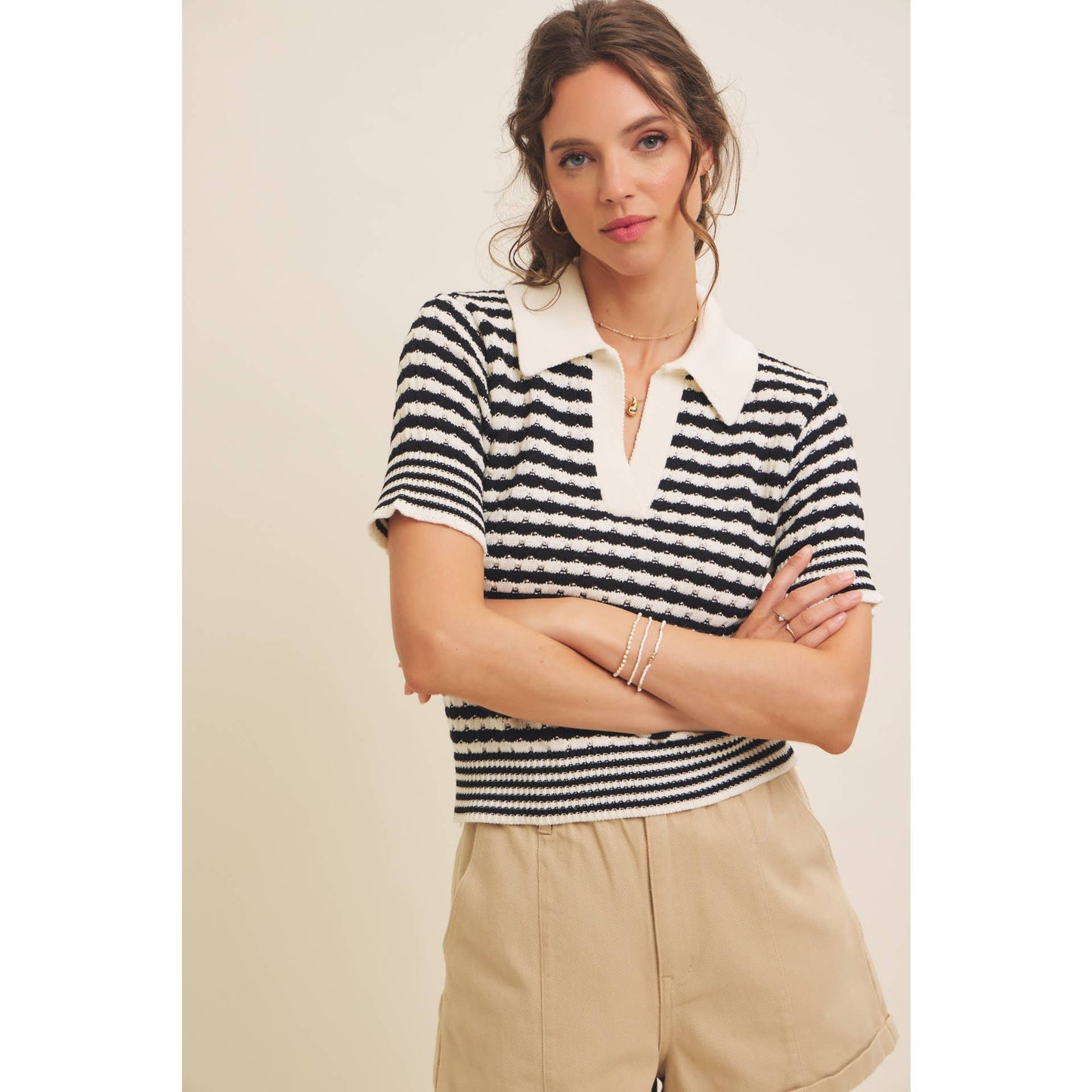 Textured Cotton Split-Neck Short Sleeve Sweater
