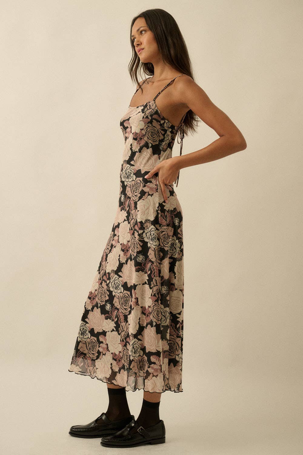 Floral-Print Mesh Midi Slip Dress