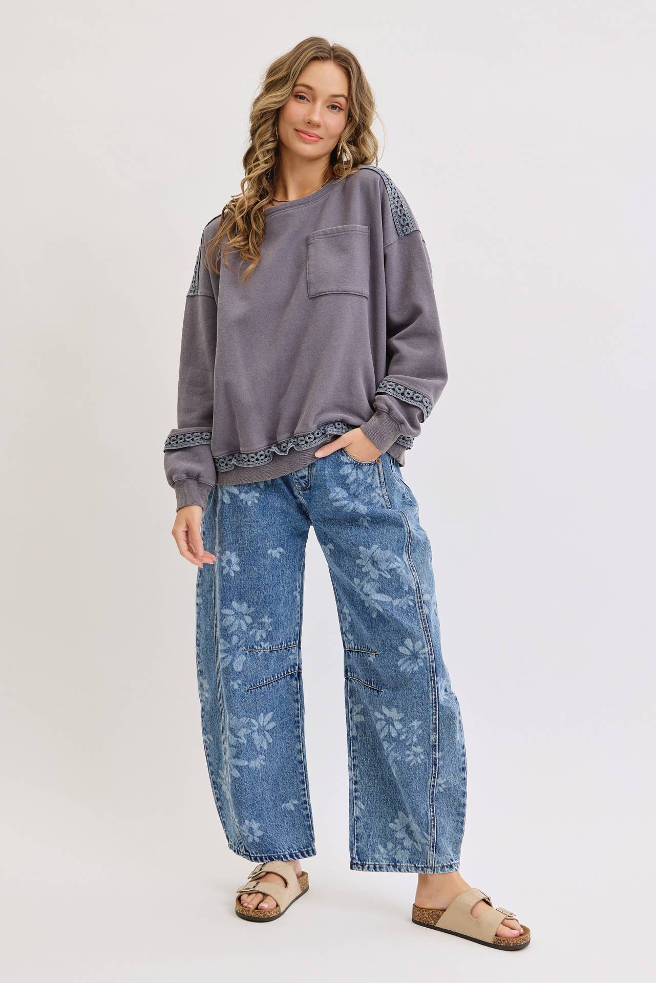 Floral Print Denim Barrell Jeans