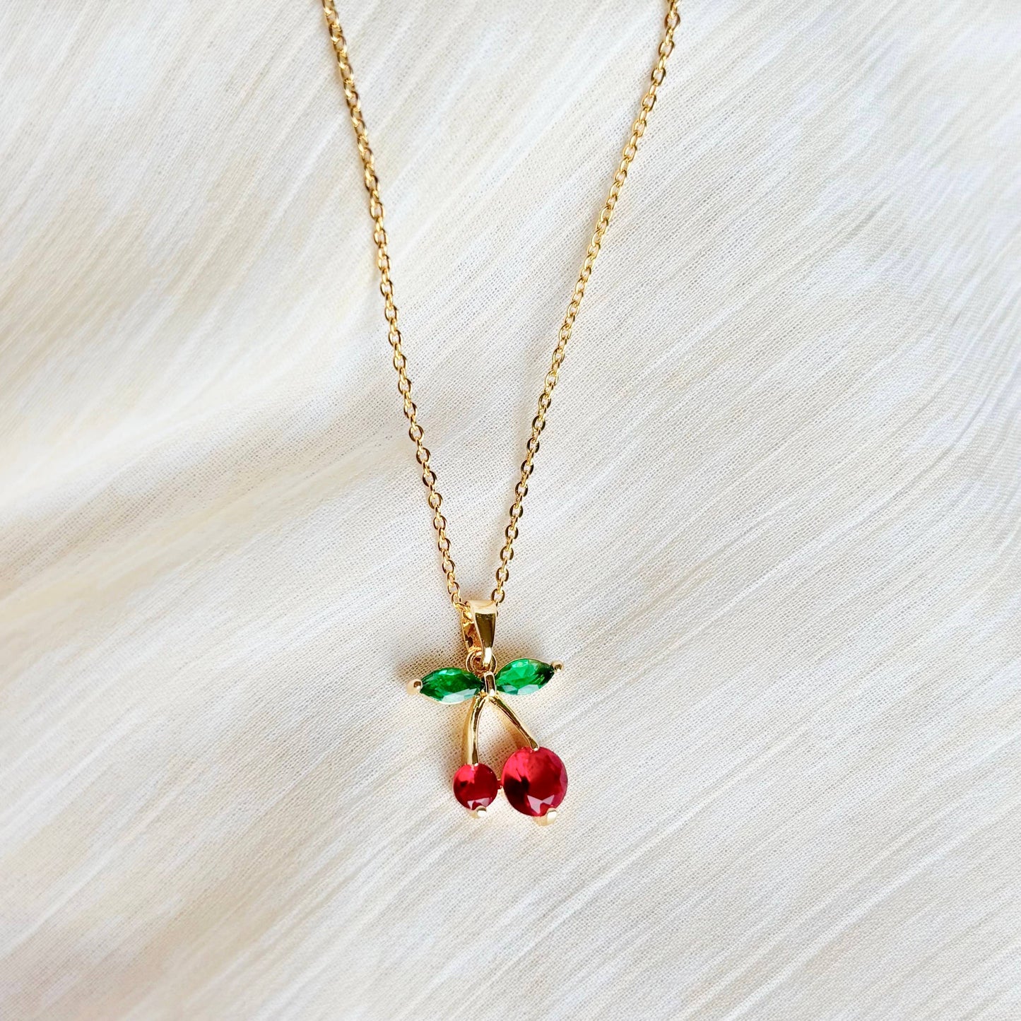 Gold and Crystal Cherry Charm Necklace