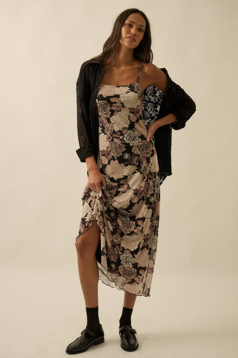 Floral-Print Mesh Midi Slip Dress