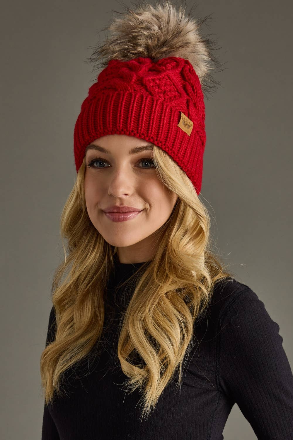 Red Cable Knit Pom Hat