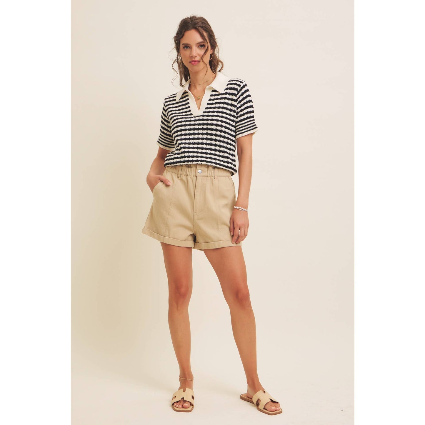 Textured Cotton Split-Neck Short Sleeve Sweater
