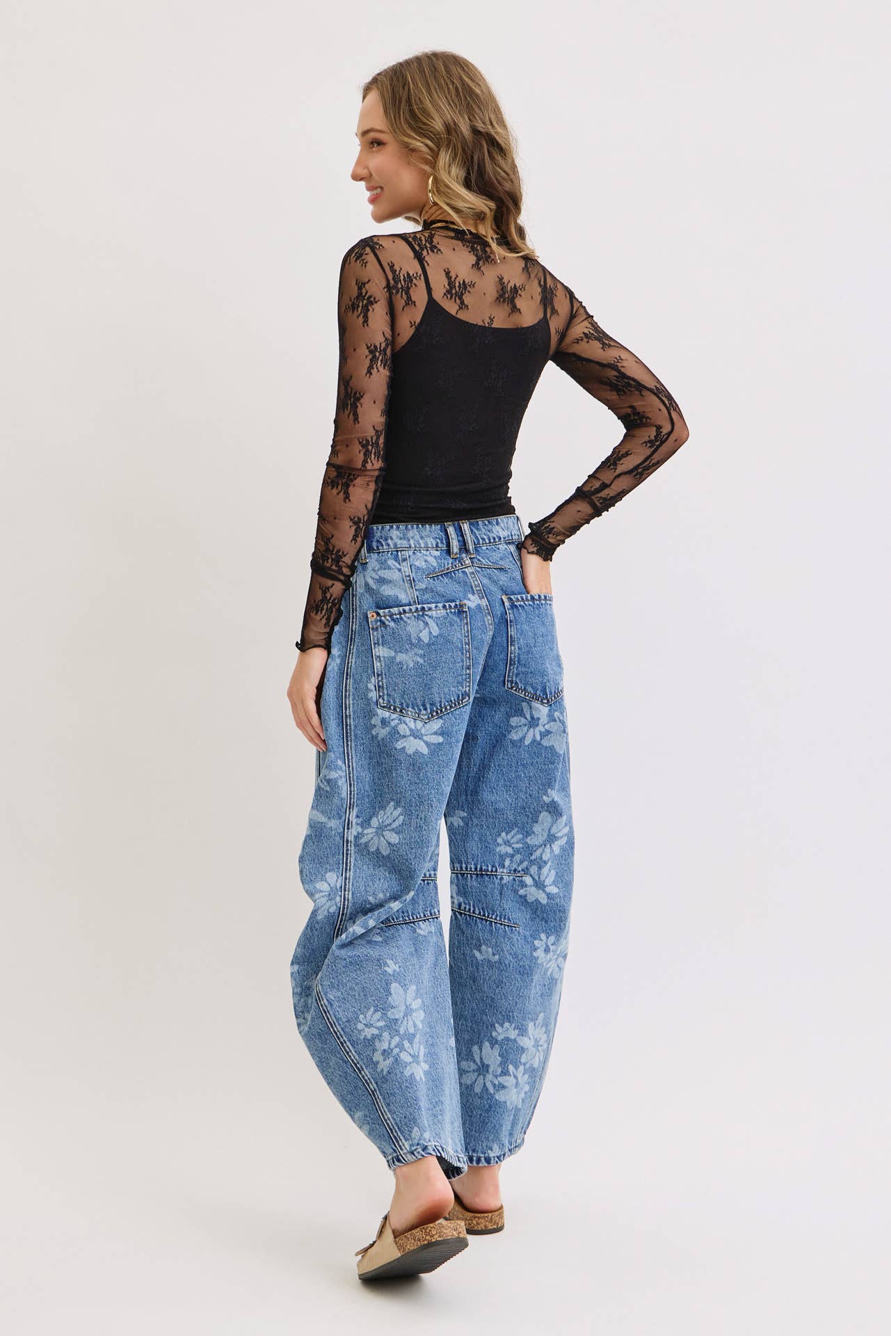 Floral Print Denim Barrell Jeans