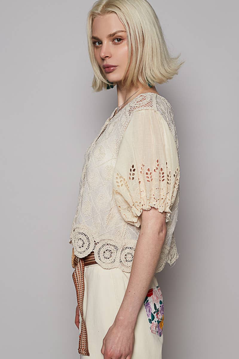 Vintage-Inspired Floral Embroidered Top – Antique Ivory
