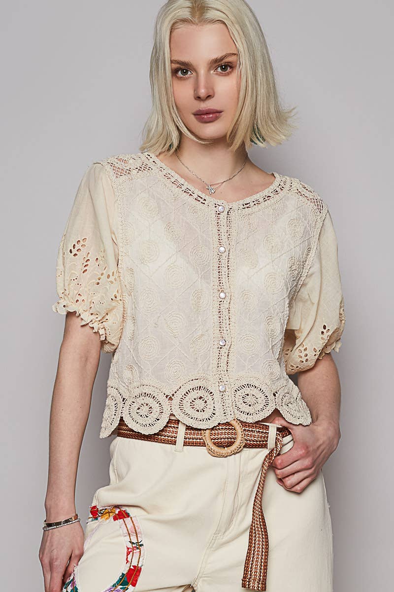 Vintage-Inspired Floral Embroidered Top – Antique Ivory