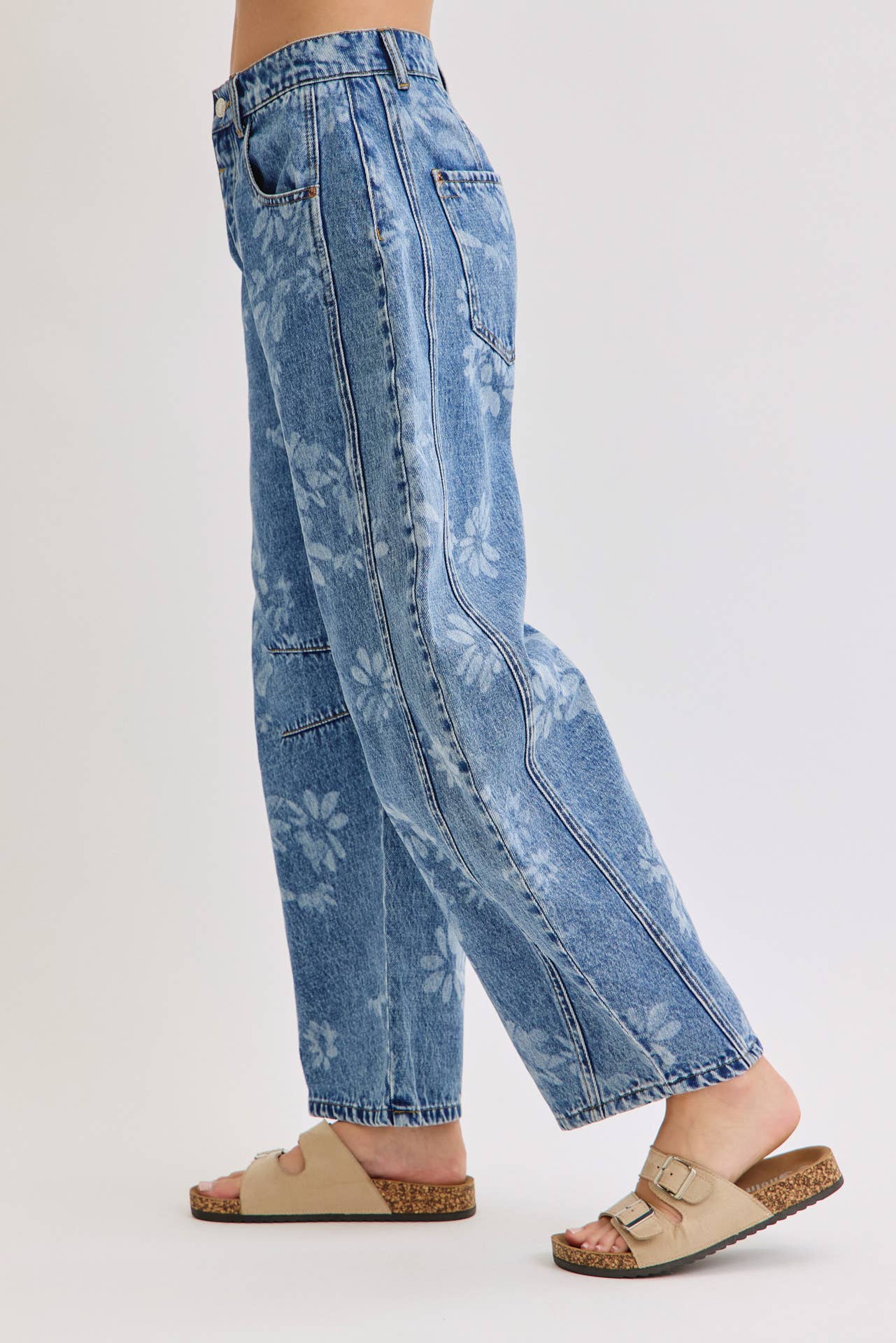 Floral Print Denim Barrell Jeans