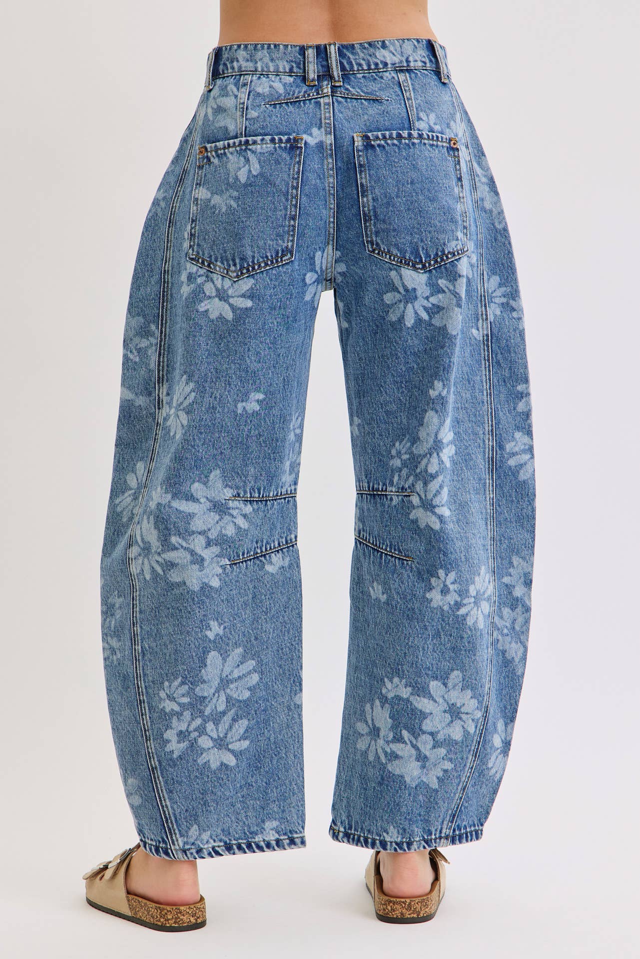 Floral Print Denim Barrell Jeans