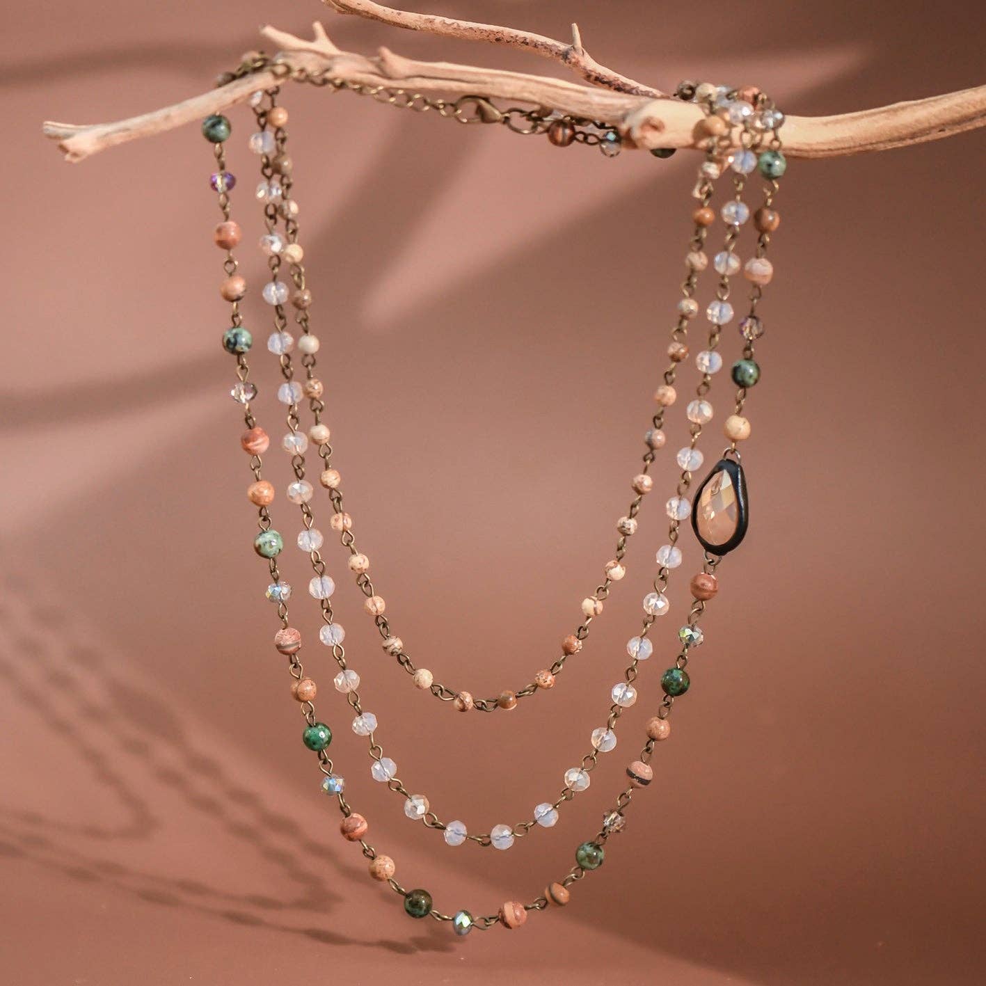 Triple Layered Mixed Glass Bead and Stone Necklace - Natural