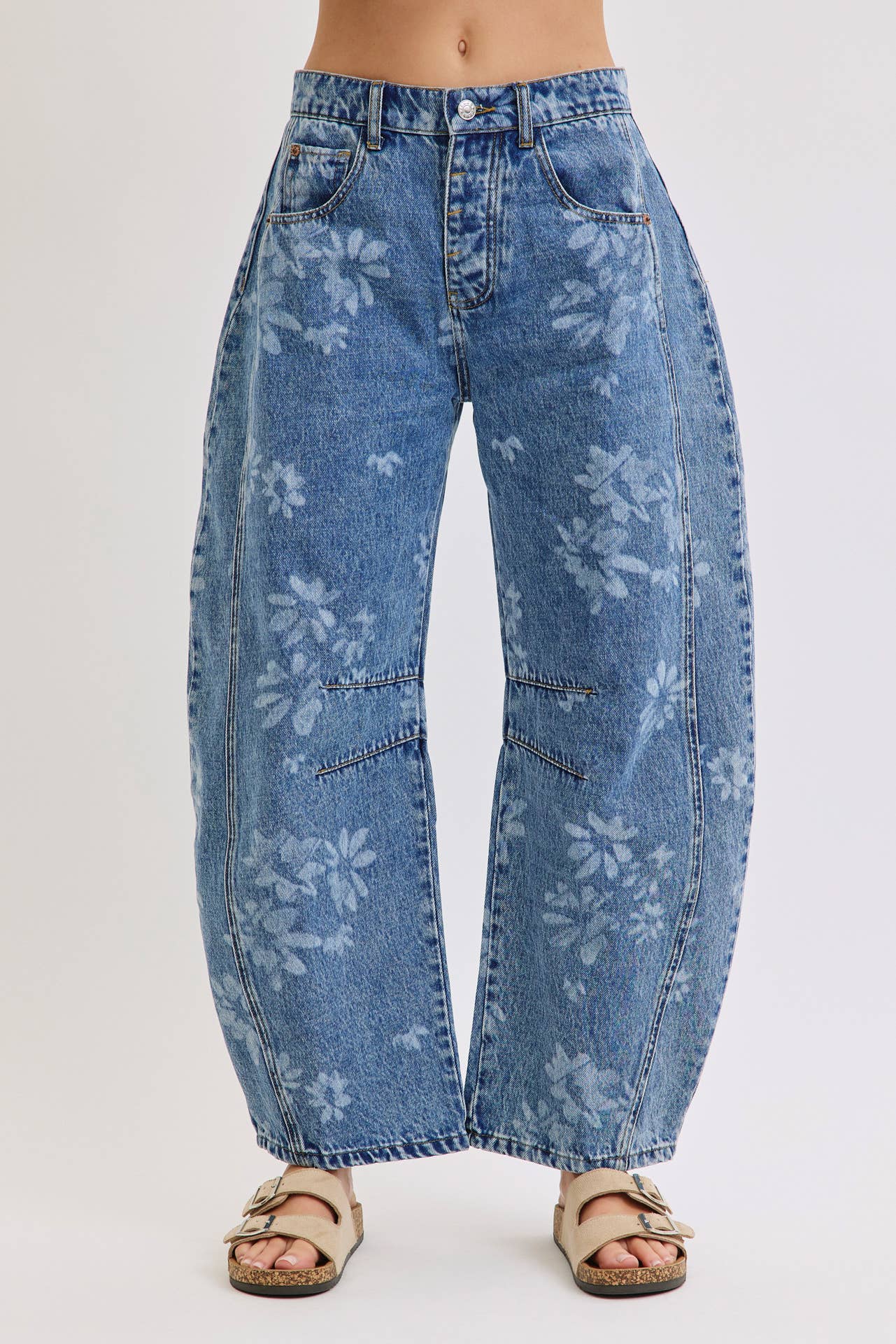 Floral Print Denim Barrell Jeans