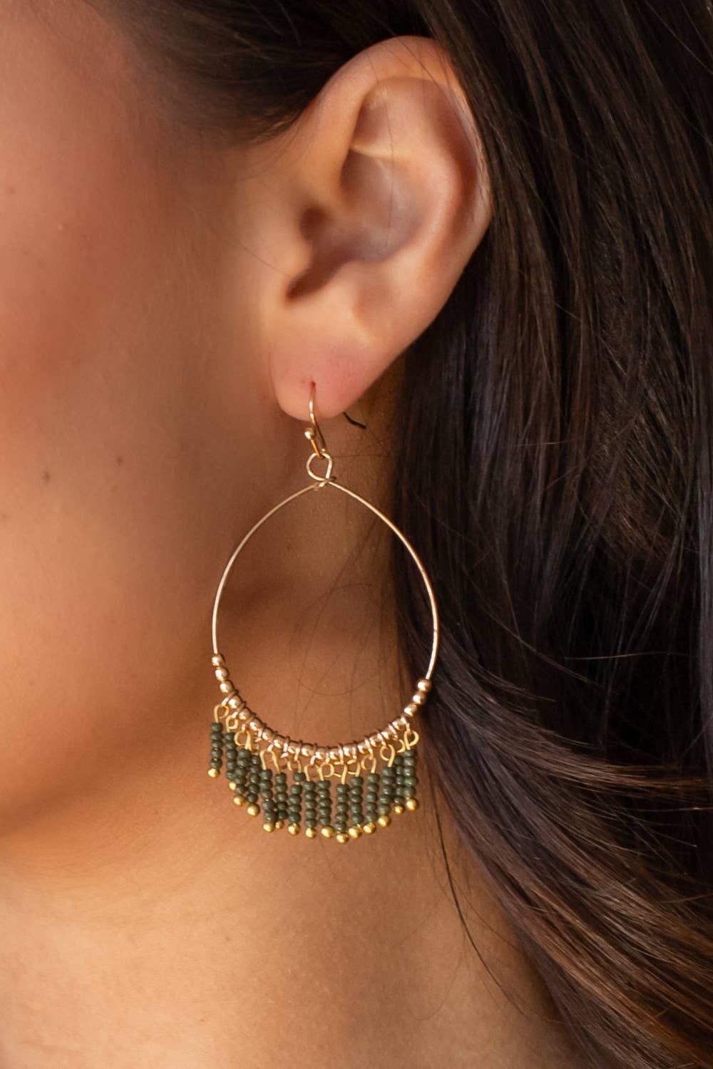 Gold Hoop Earrings with Olive Beads