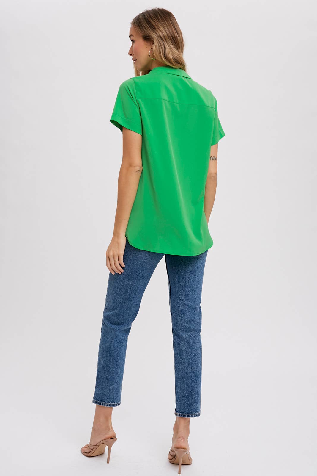 Notch Collar Short Sleeve Button Down Top