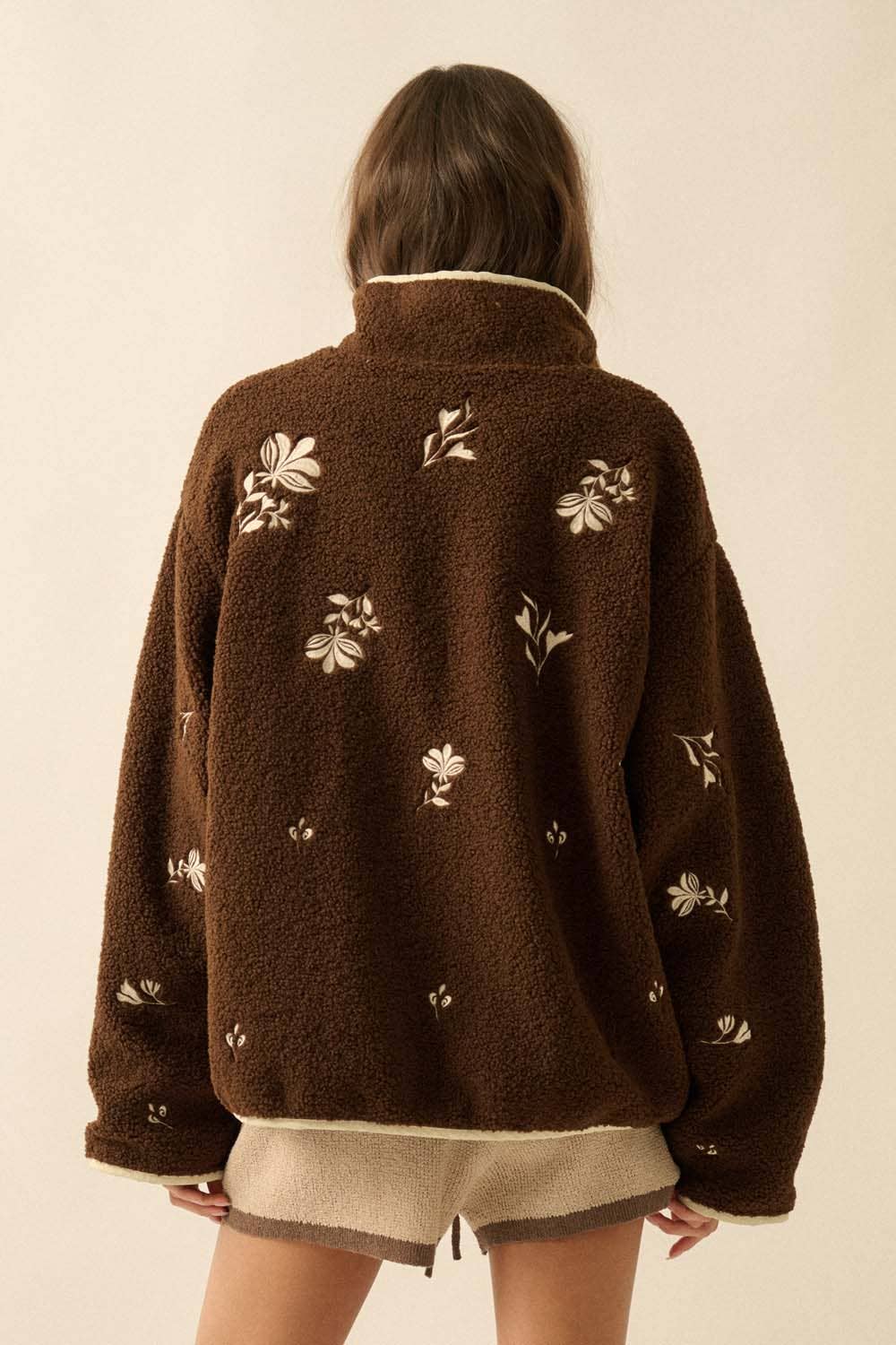Floral-Embroidered Fleece Half-Snap Pullover
