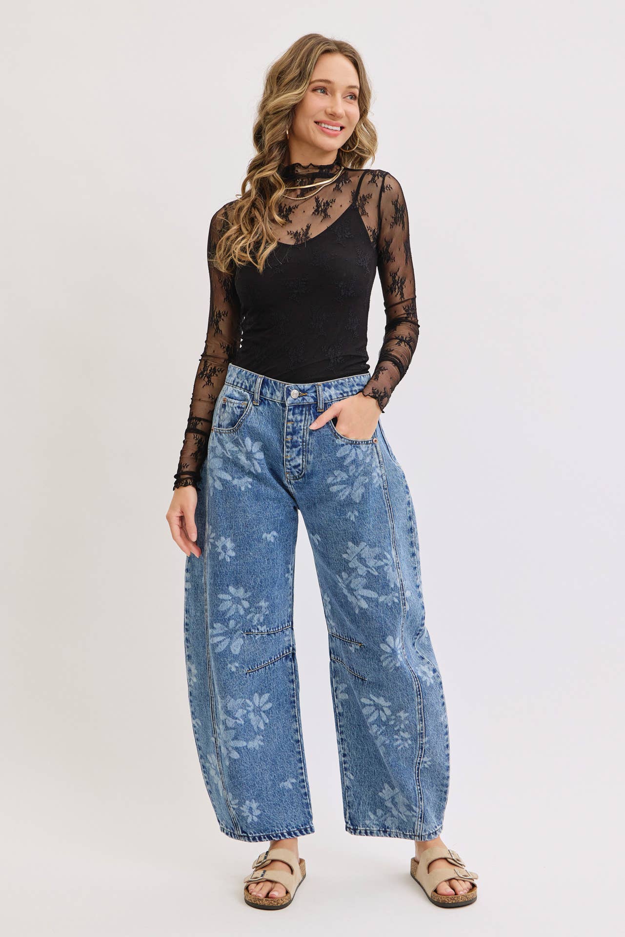 Floral Print Denim Barrell Jeans