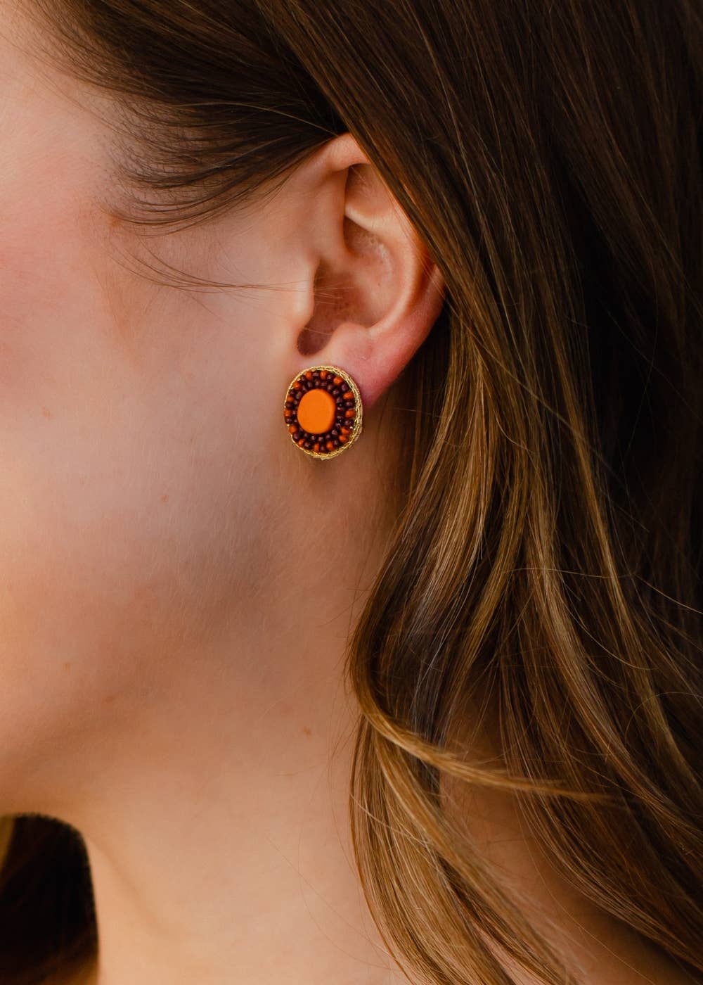 Orange & Brown Beaded Stud Earrings