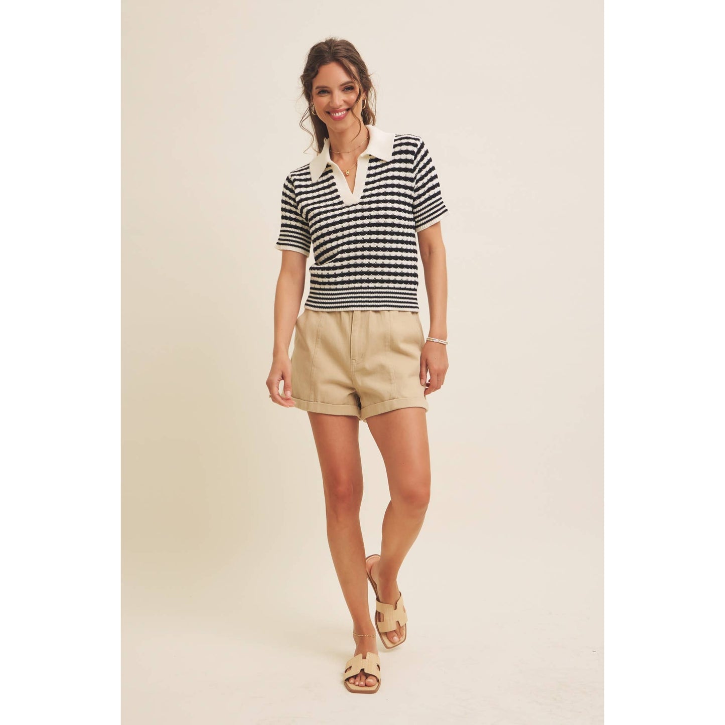 Textured Cotton Split-Neck Short Sleeve Sweater