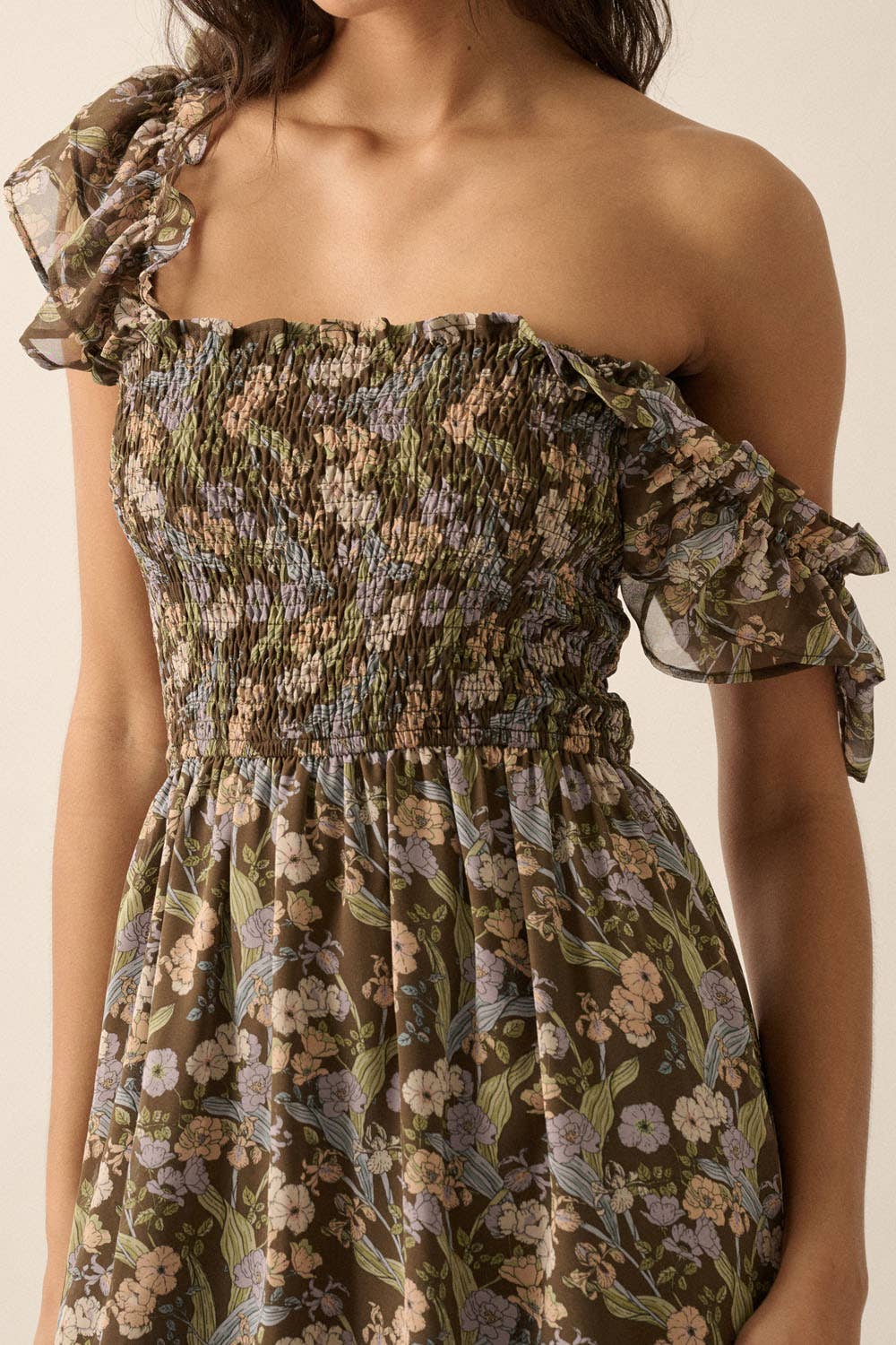 Floral Sheer Square-Neck Smocked-Bodice Maxi Dress