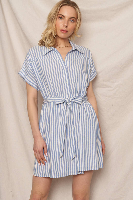 Preppy Striped Button Down Mini Shirt Dress