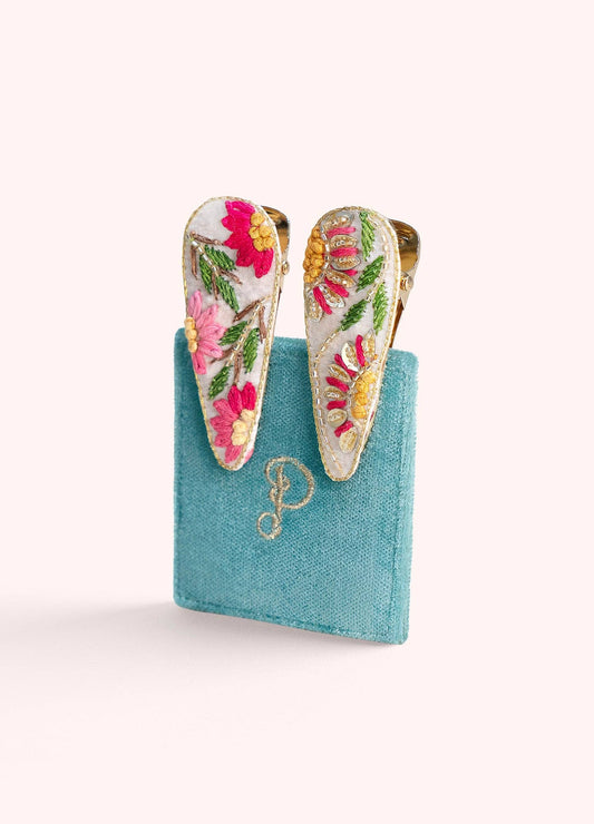 Jewelled Hair Clips - Cream Flora
