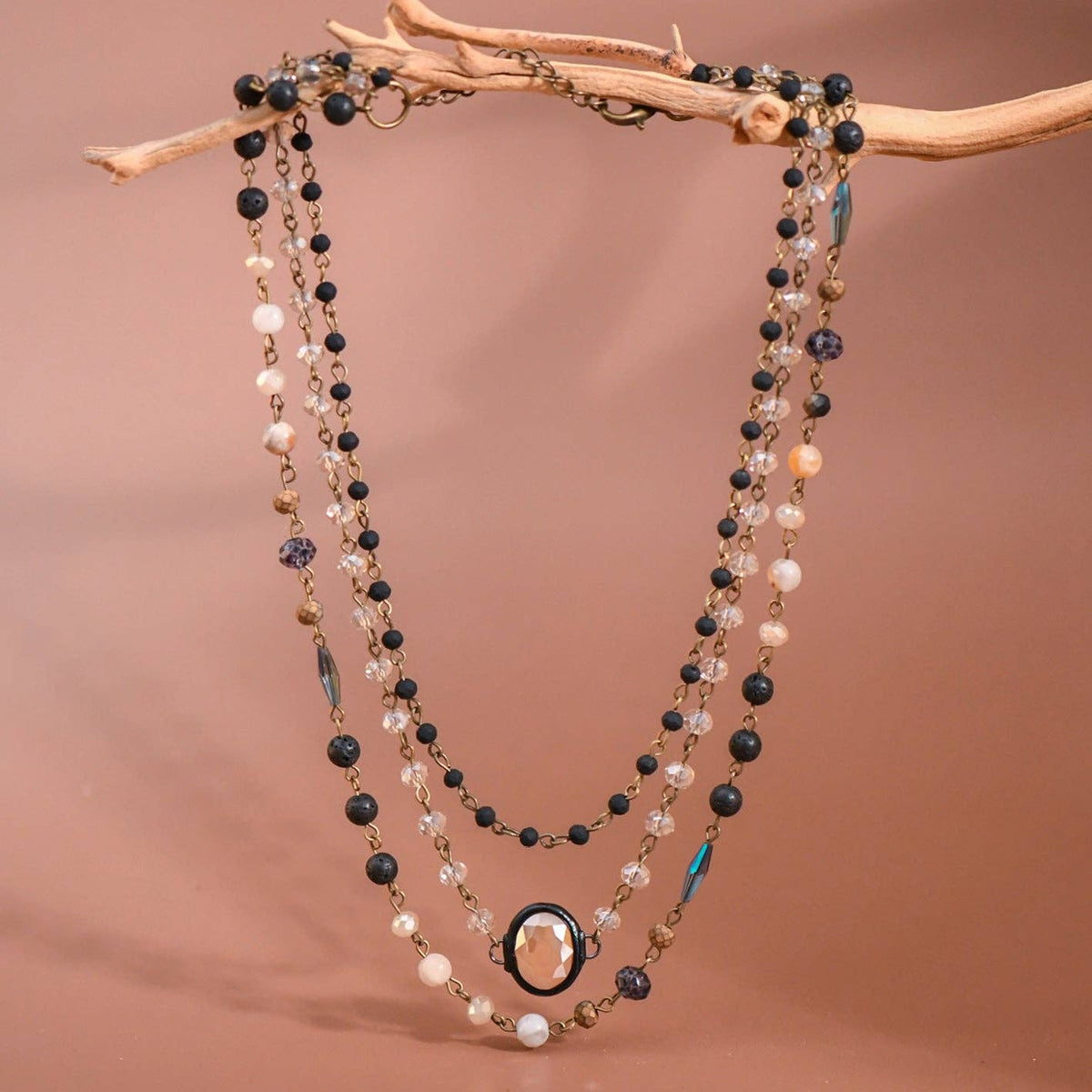 Triple Layered Glass and Stone Necklace