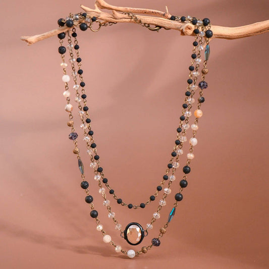 Triple Layered Glass and Stone Necklace