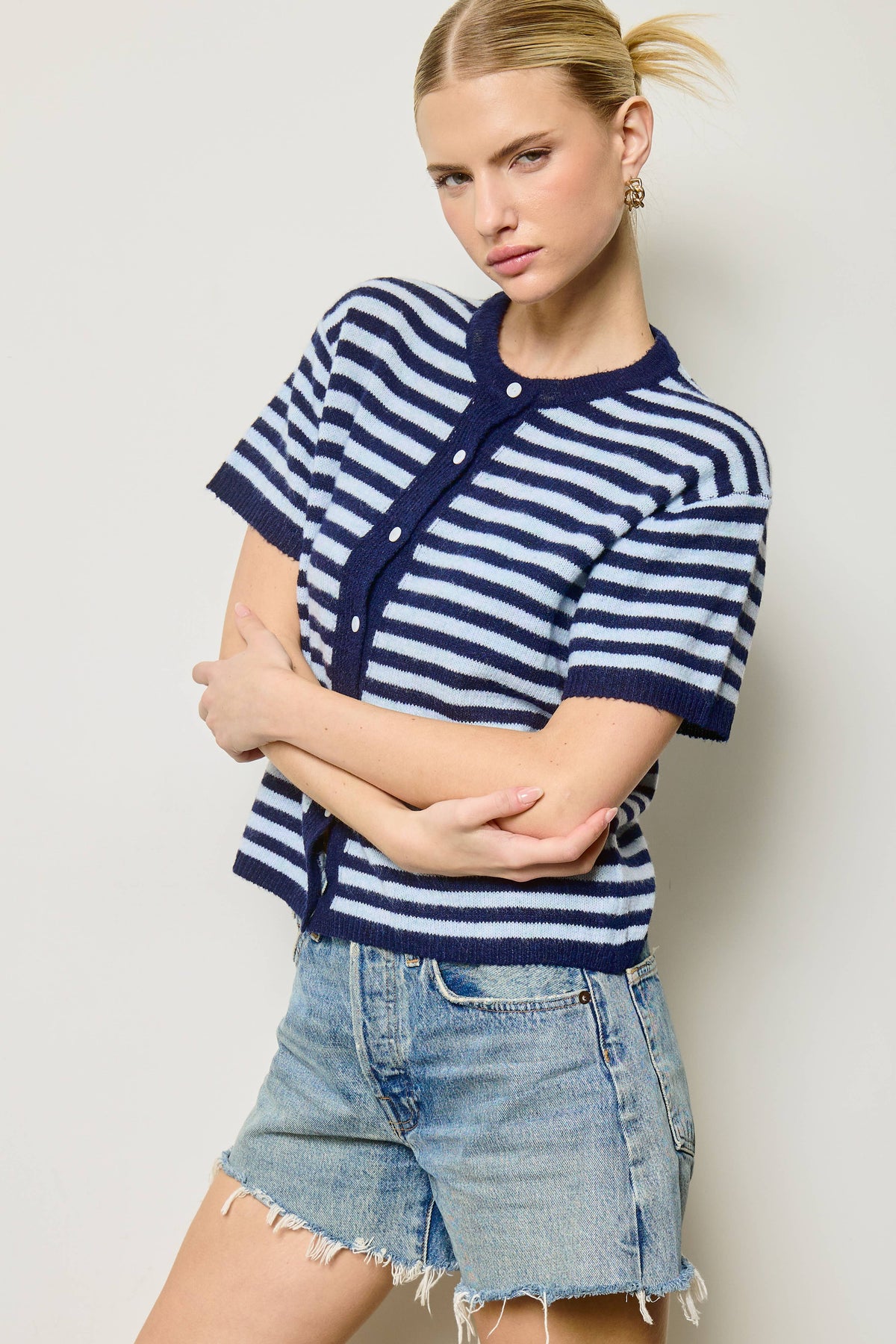 Striped Short Sleeve Knit Cardigan